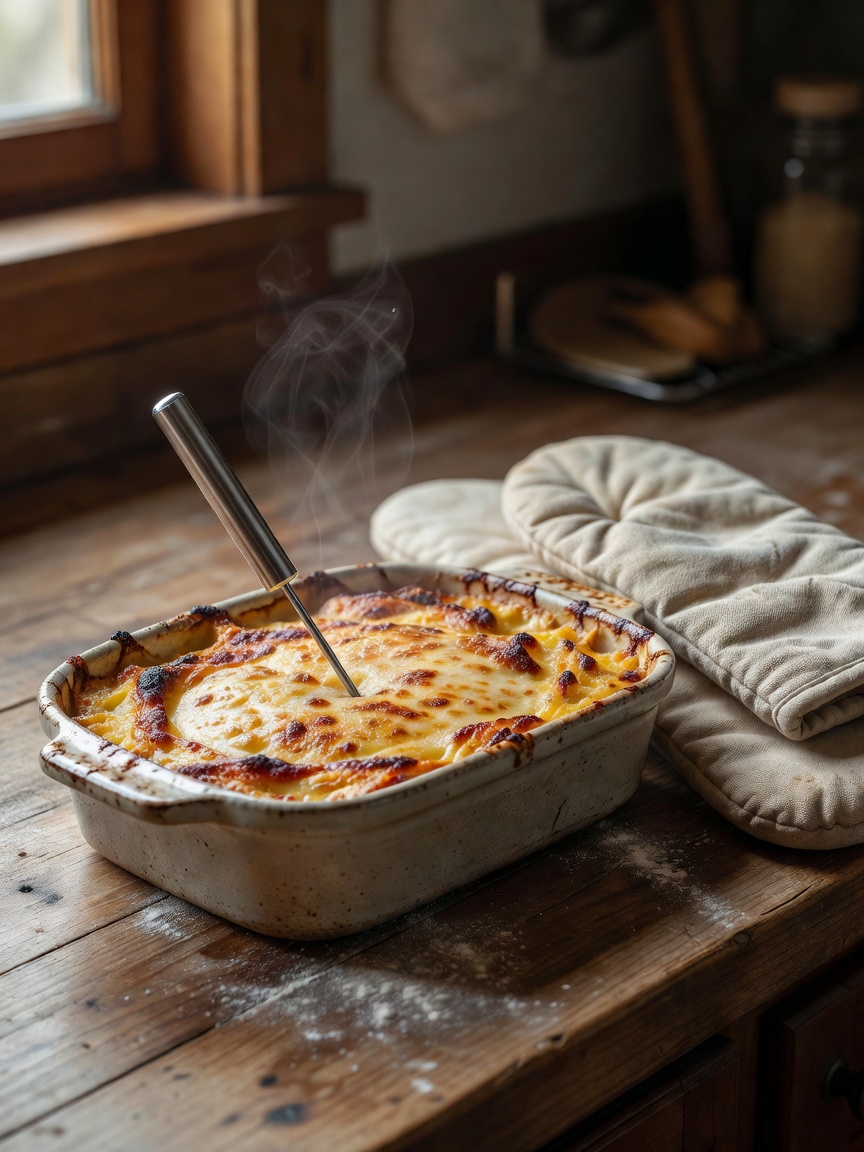 Food thermometer and dry oven mitts beside a freshly baked casserole
