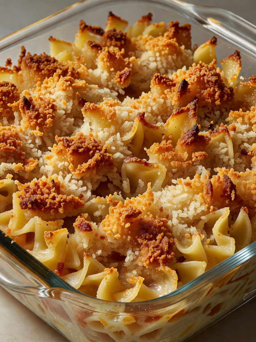 Close view of crisp noodles and a golden breadcrumb crust in a square baking dish