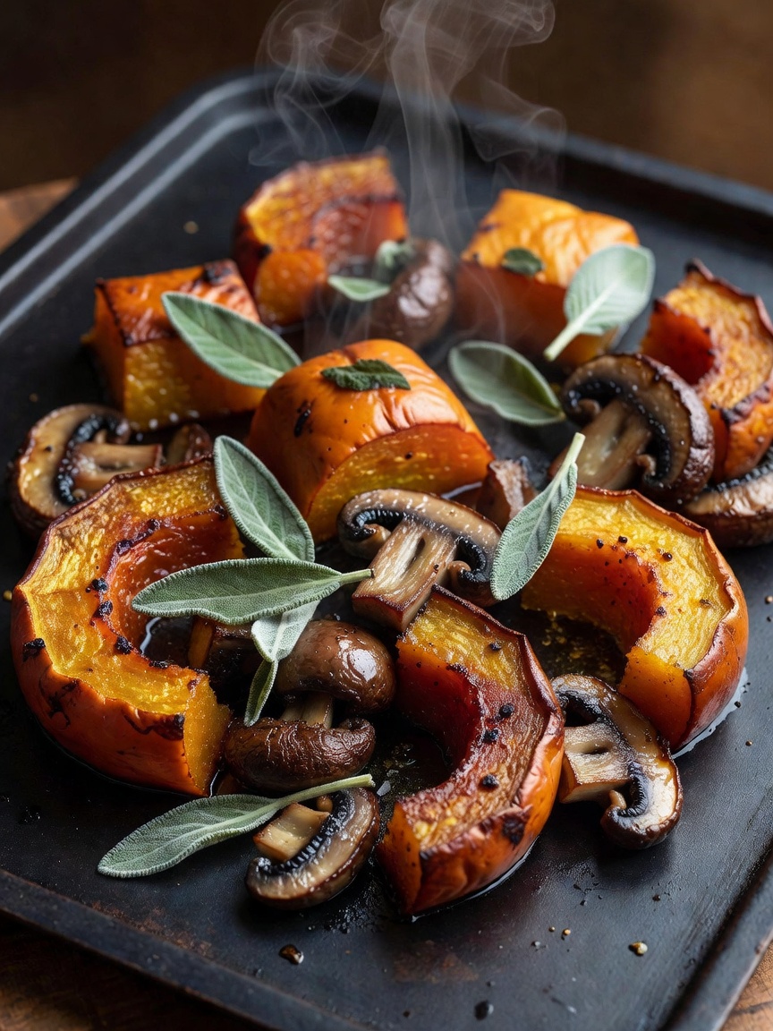 Roasted squash and browned mushrooms with sage leaves on a dark serving tray