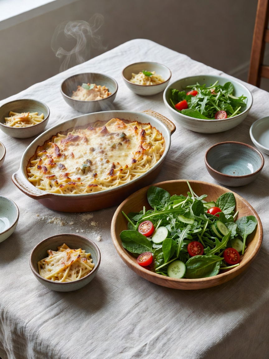 Winter table set with a noodle casserole, crisp green salad and small serving bowls